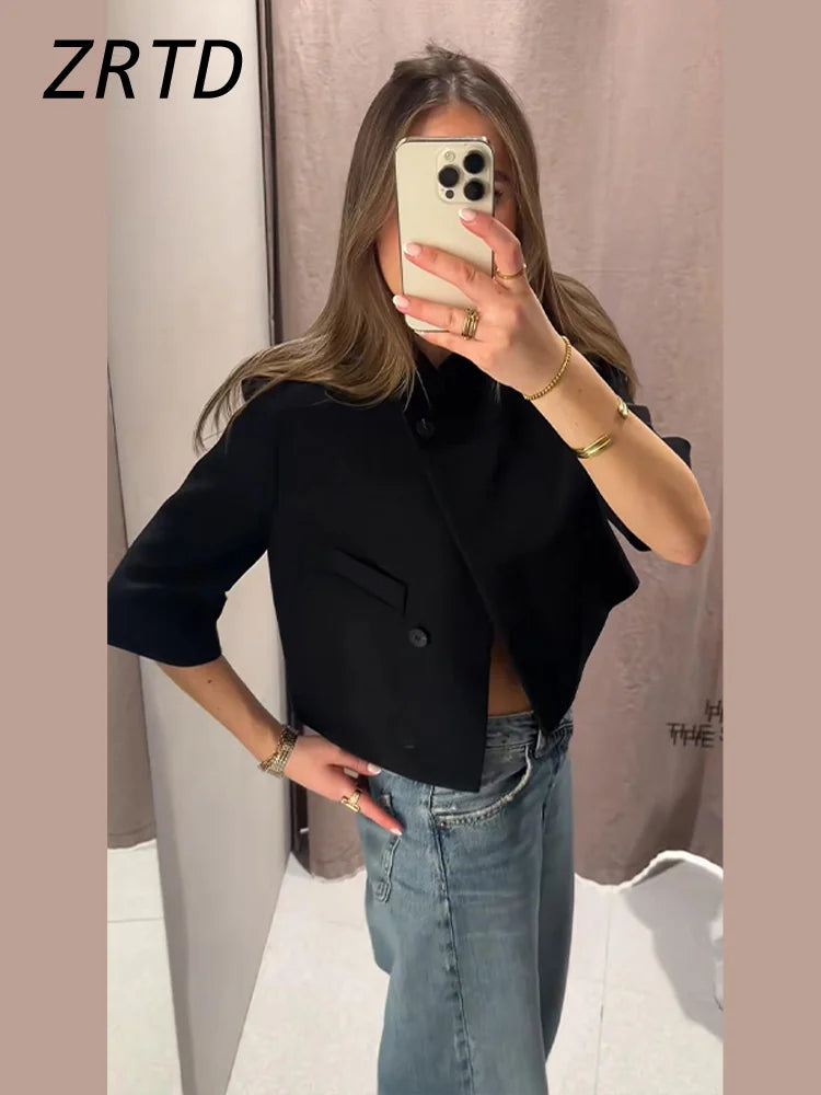 Asymmetric Cropped Stand Collar Blazer