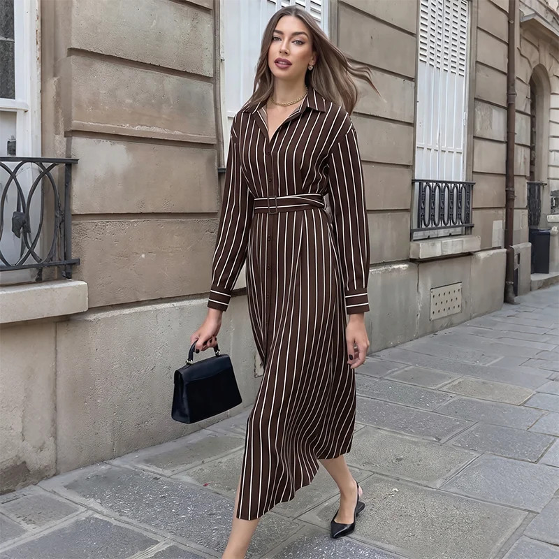 Belted Striped Shirt Midi Dress