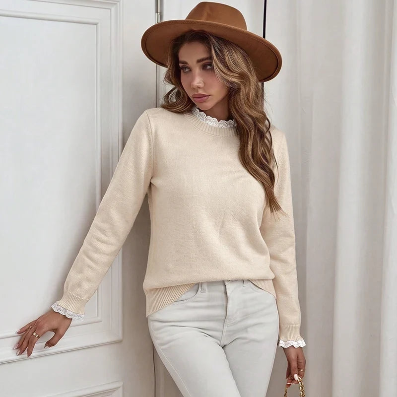 Cream Lace Trim Layered Knit Sweater