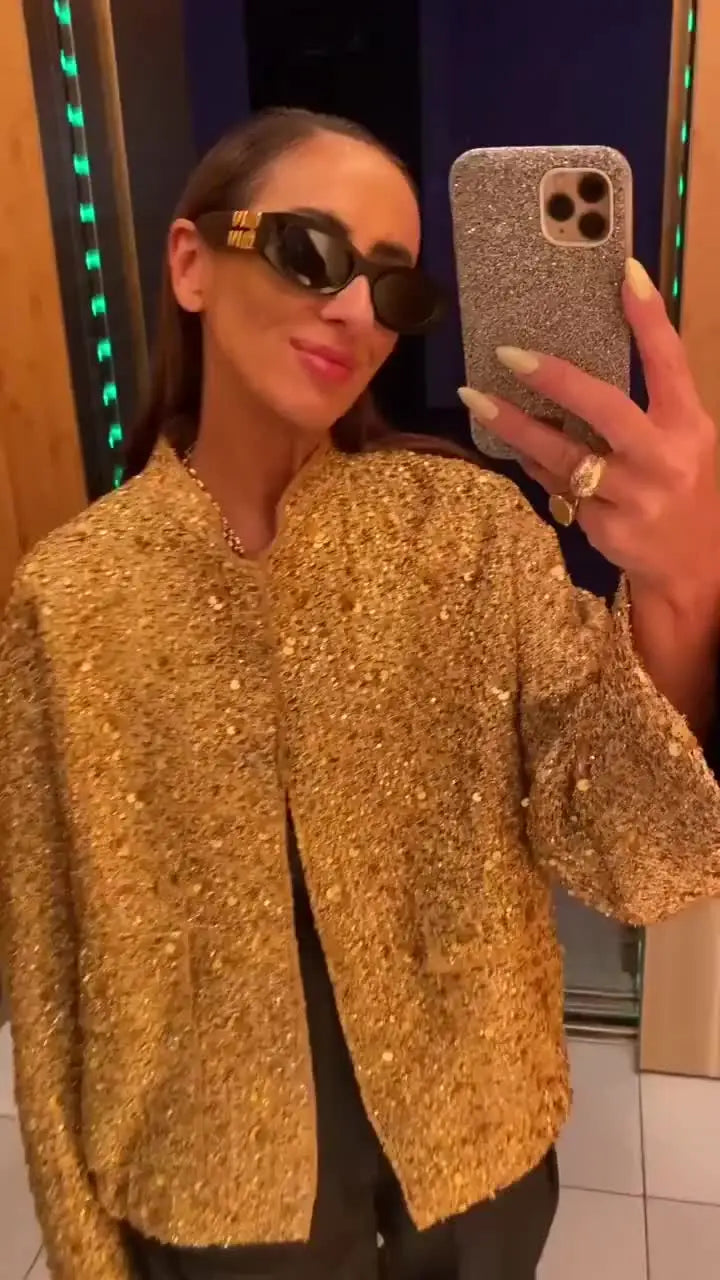 Sequin Stand Collar Bomber Jacket