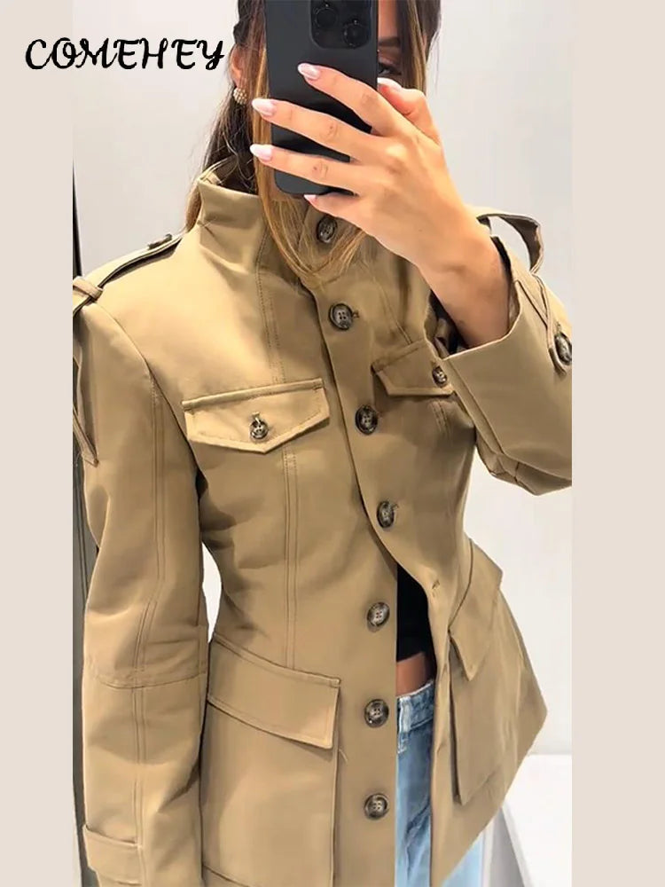 Khaki Stand Collar Utility Jacket