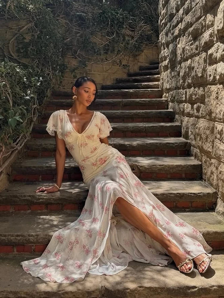 Floral Flutter Sleeve Maxi Dress