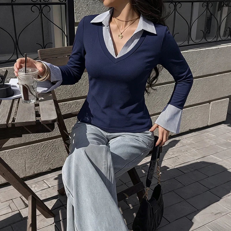 Striped Collar Layered Blouse