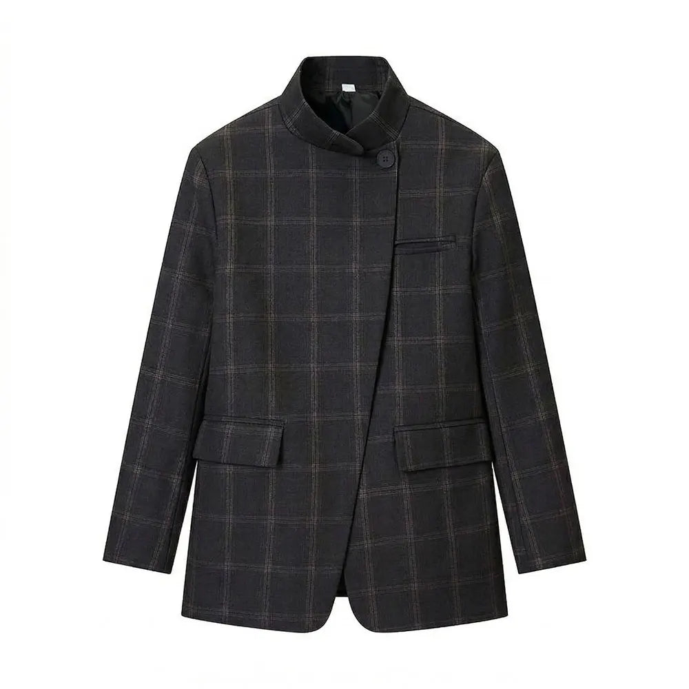 Stand Collar Plaid Blazer Jacket