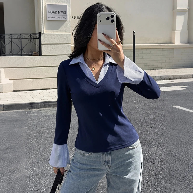 Striped Collar Layered Blouse