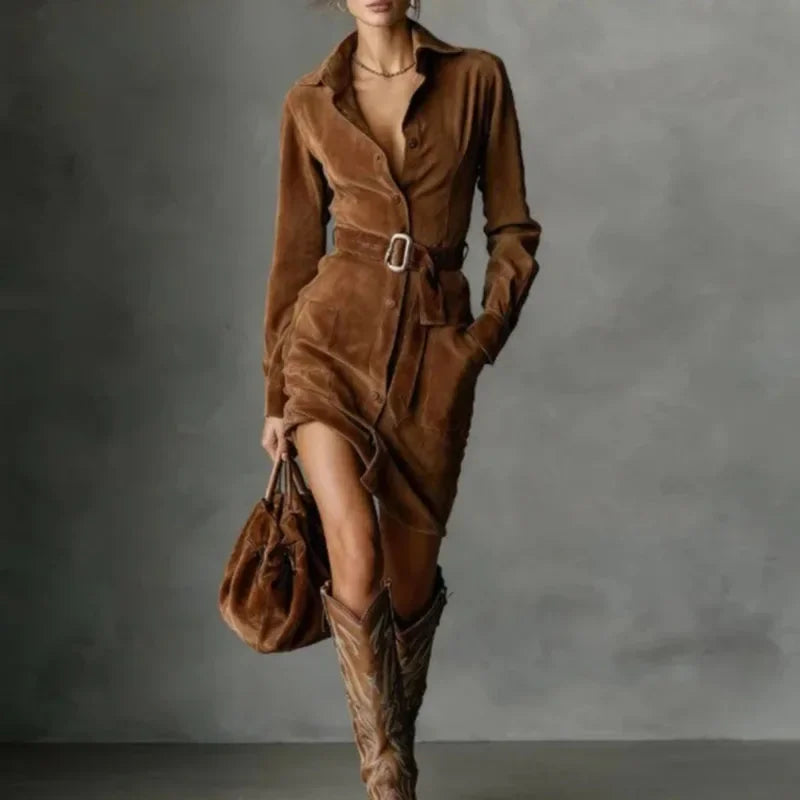 Belted Suede-Look Shirt Dress
