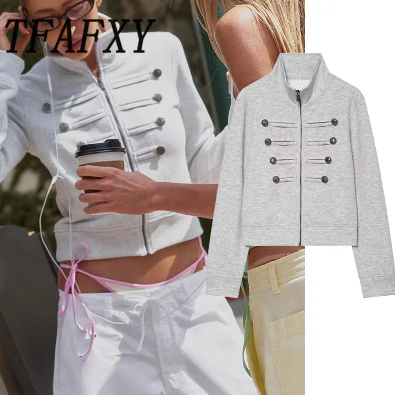 Cropped Stand Collar Zip Jacket