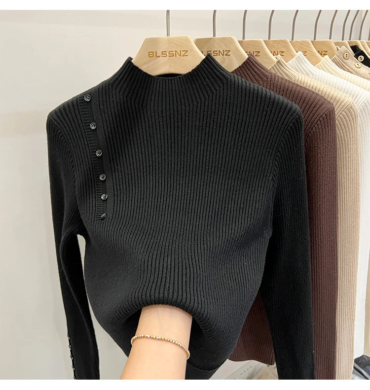 Ribbed Shoulder Button Turtleneck Sweater