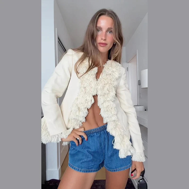 Fringe Trim V-Neck Blazer