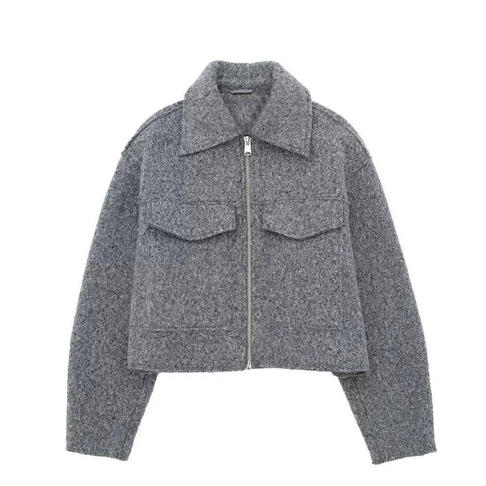Textured Cropped Zip Jacket with Flap Pockets
