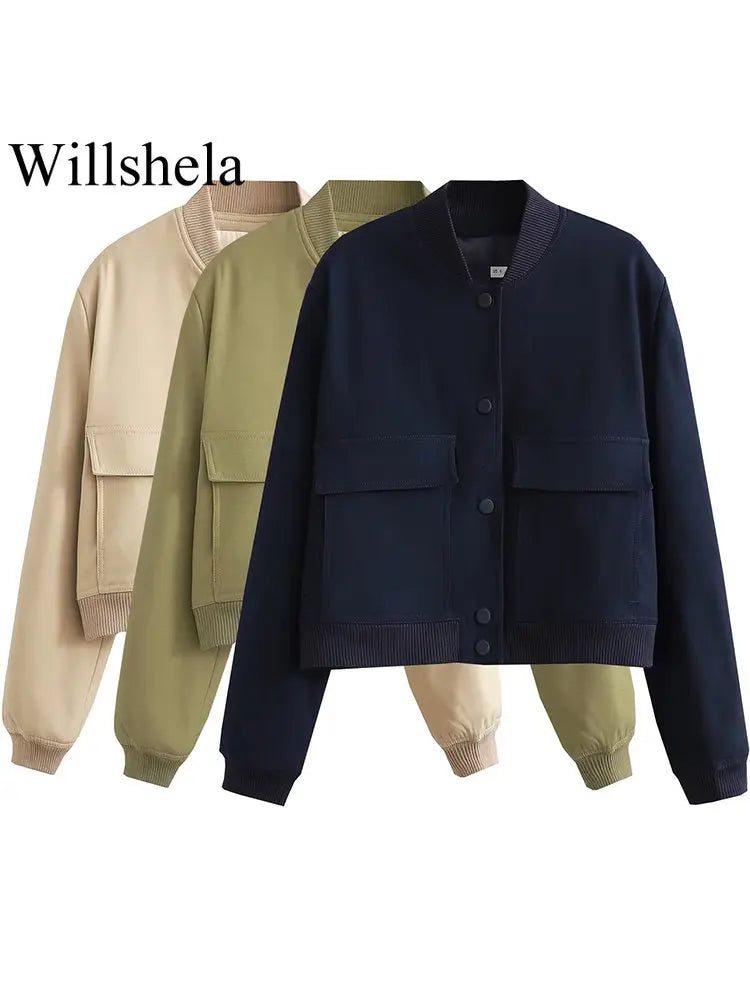 Cropped Ribbed Collar Bomber Jacket