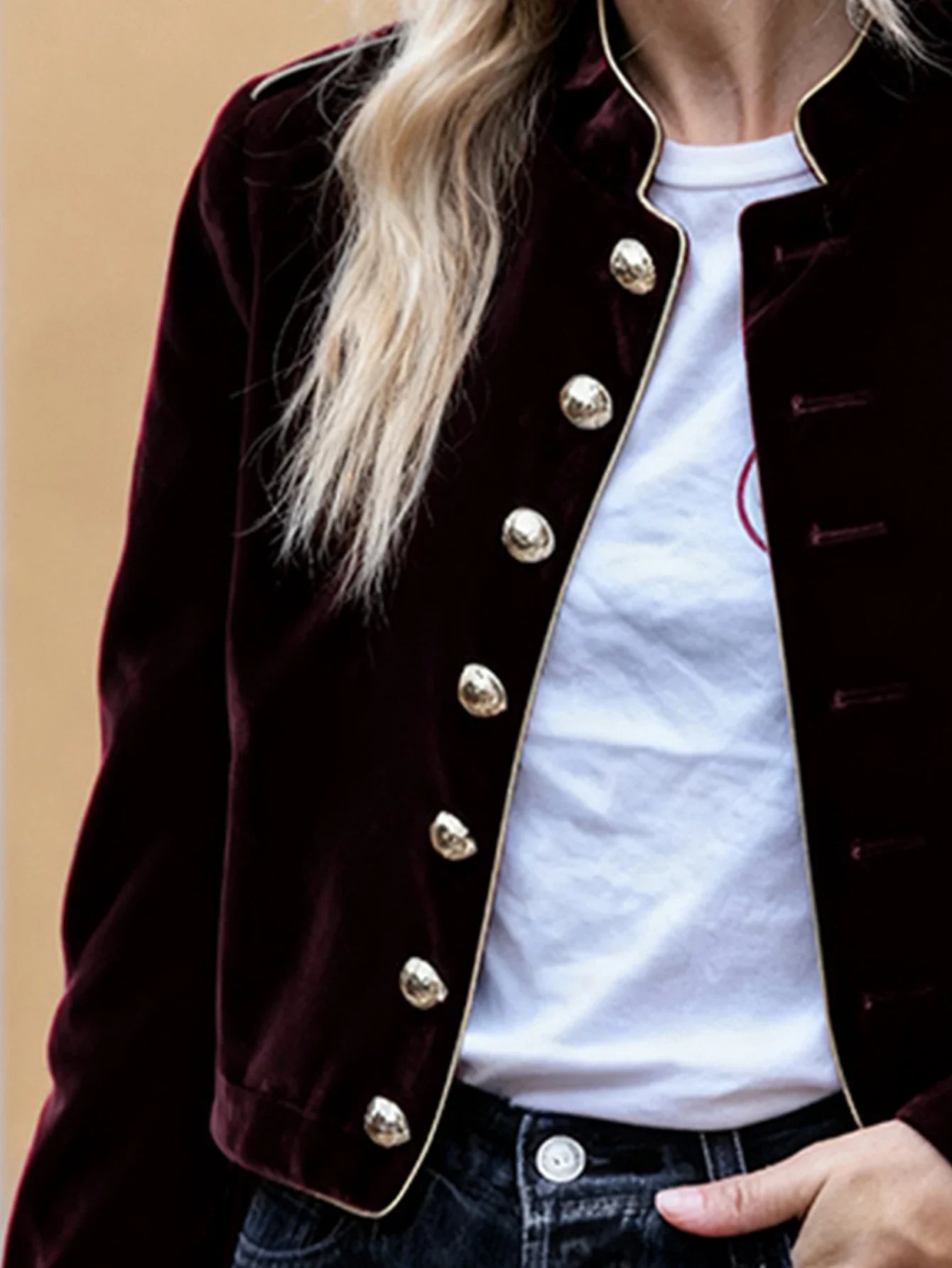 Wine Red Velvet Military-Inspired Jacket