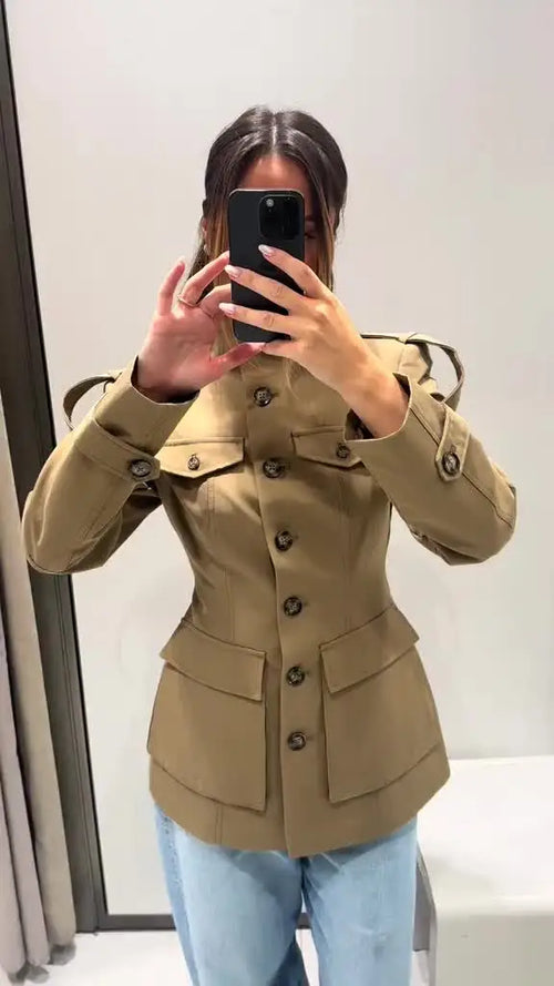 Khaki Stand Collar Utility Jacket