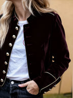 Wine Red Velvet Military-Inspired Jacket