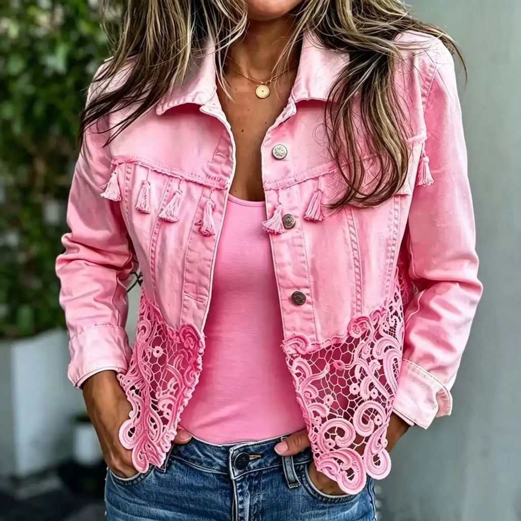Lace Panel Denim-Look Jacket