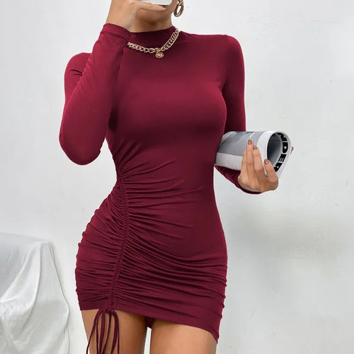 Ruched Mock Neck Mini Dress