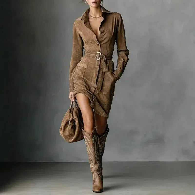 Belted Suede-Look Shirt Dress