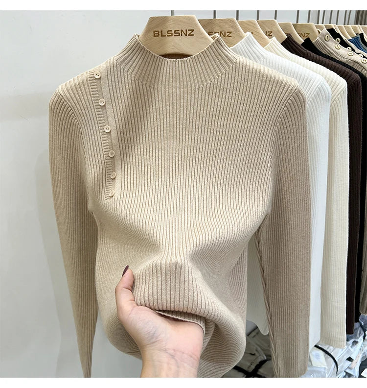 Ribbed Shoulder Button Turtleneck Sweater
