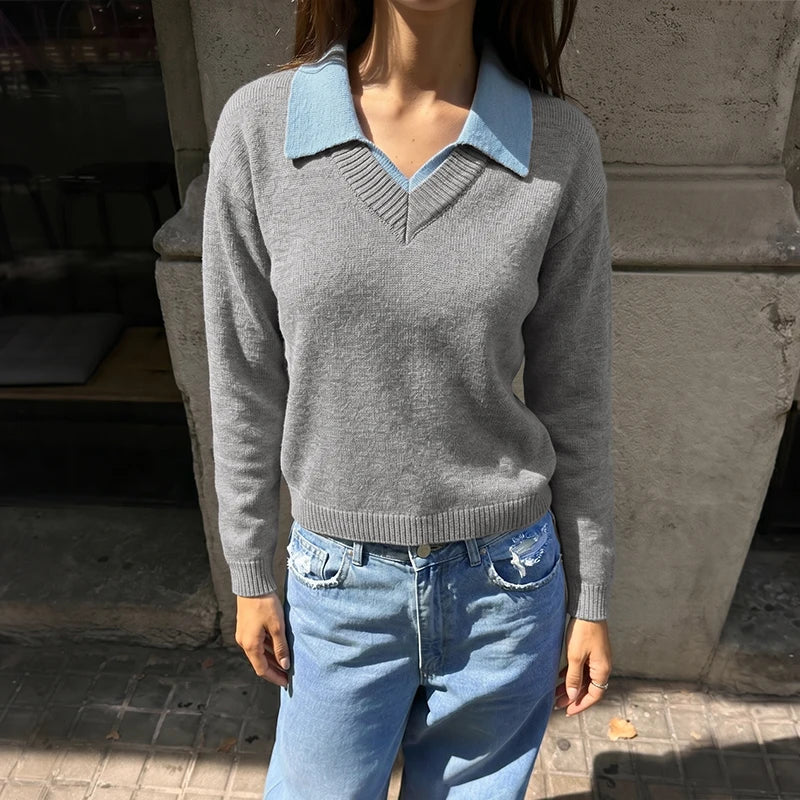 Layered Collar V-Neck Knit Pullover