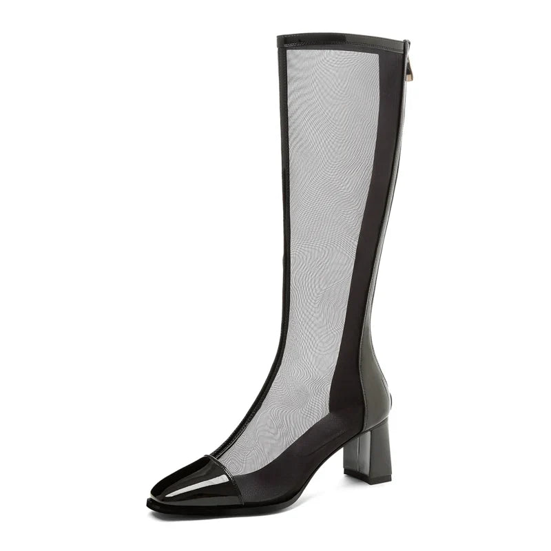 Mesh Knee-High Block Heel Boots