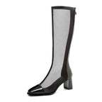 Mesh Knee-High Block Heel Boots