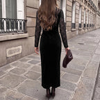 Black Lace-Panel Evening Maxi Dress
