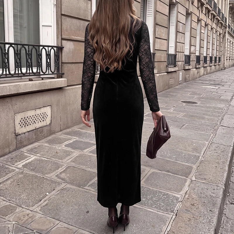 Black Lace-Panel Evening Maxi Dress