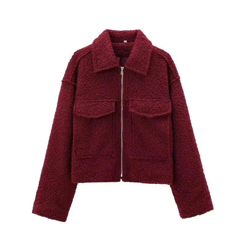 Textured Cropped Zip Jacket with Flap Pockets