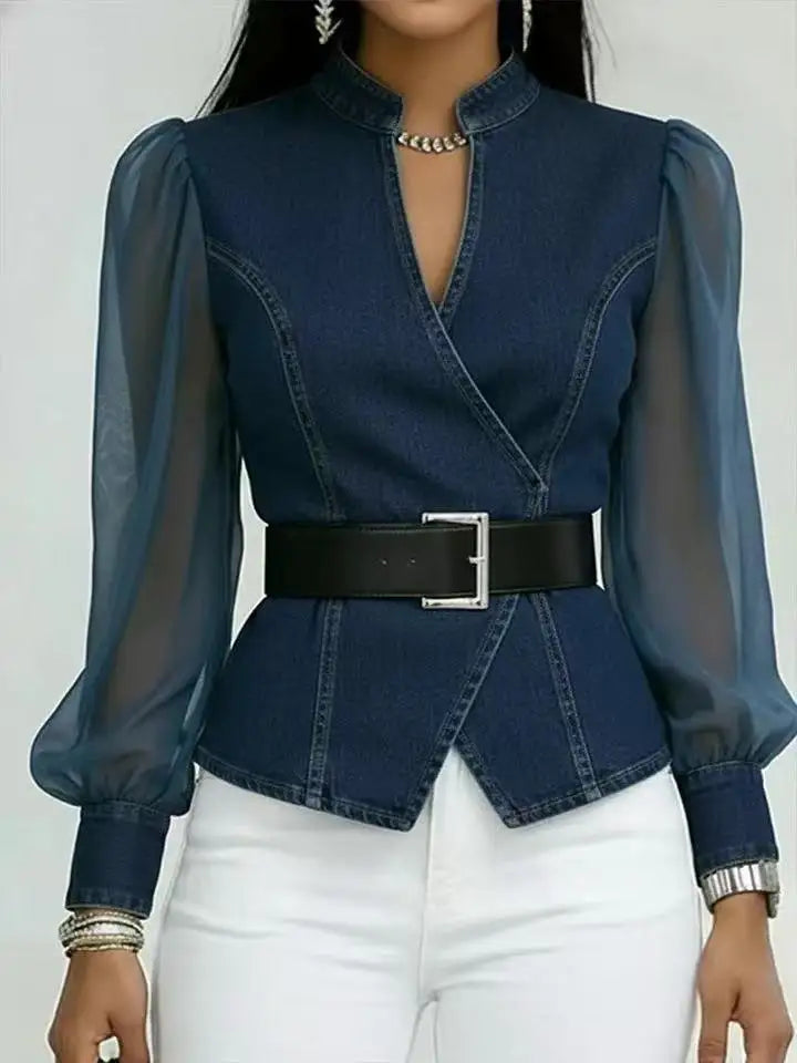 Denim-Look Sheer Sleeve Wrap Blouse