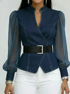 Denim-Look Sheer Sleeve Wrap Blouse