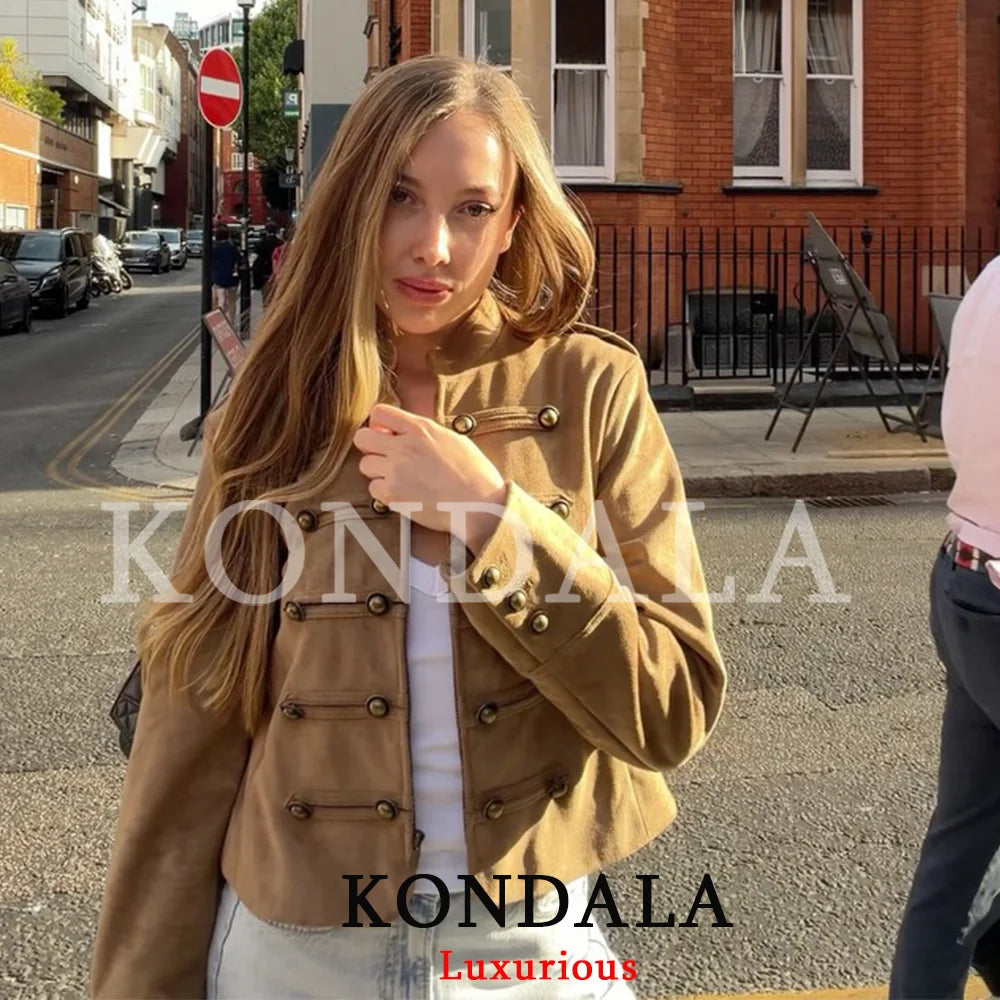 Khaki Suede-Like Military Cropped Jacket