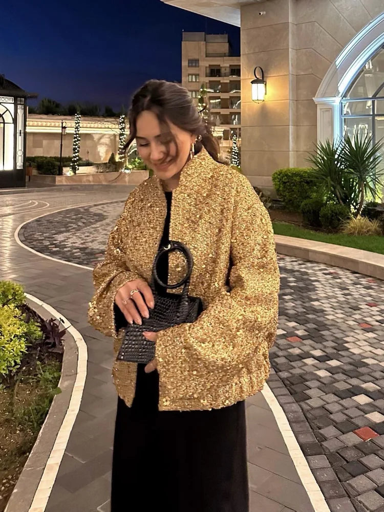 Sequin Stand Collar Bomber Jacket