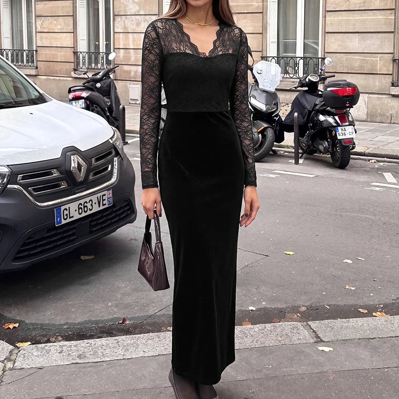 Black Lace-Panel Evening Maxi Dress