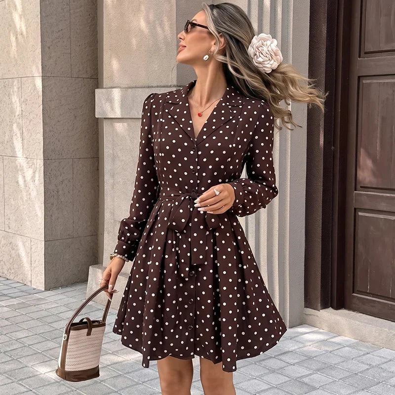 Polka Dot Self-Tie Shirt Mini Dress