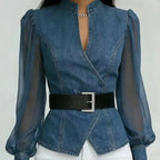 Denim-Look Sheer Sleeve Wrap Blouse