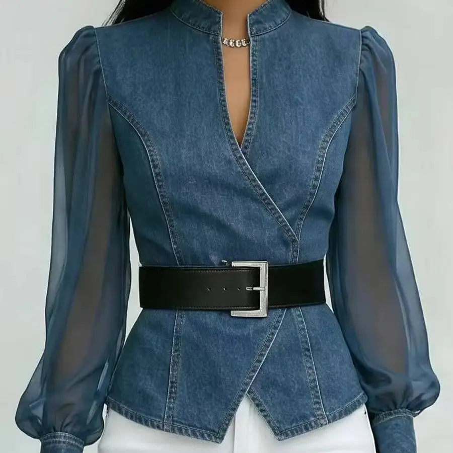 Denim-Look Sheer Sleeve Wrap Blouse