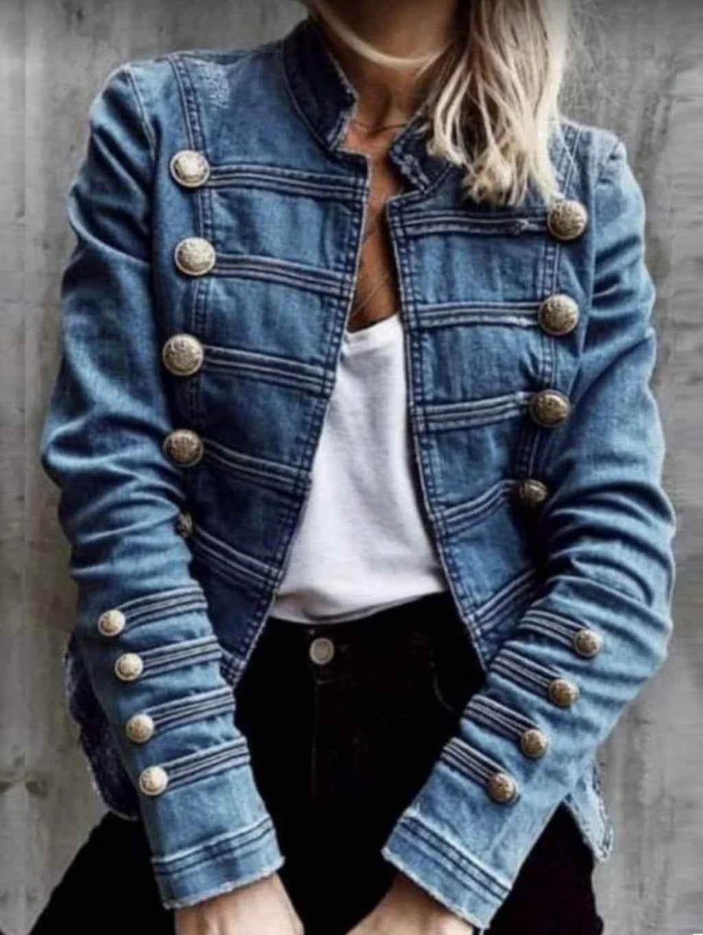 Vintage-Inspired Denim-Look Military Jacket