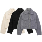 Textured Cropped Zip Jacket with Flap Pockets