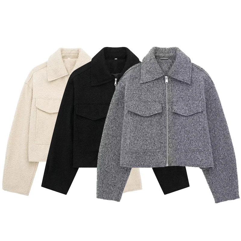 Textured Cropped Zip Jacket with Flap Pockets