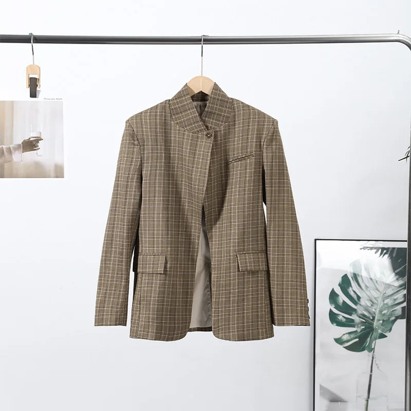 Plaid Stand Collar Blazer
