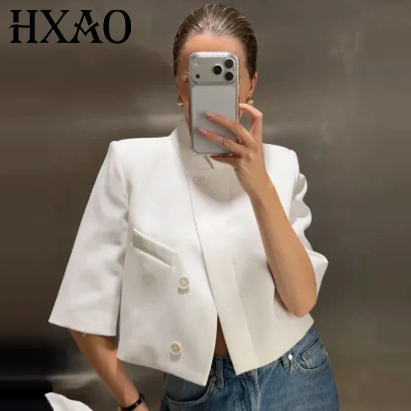 Asymmetric Cropped Stand Collar Blazer