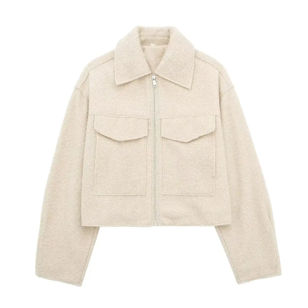 Textured Cropped Zip Jacket with Flap Pockets