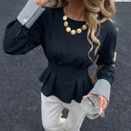 Striped Cuff Pleated Peplum Top