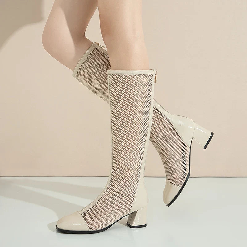 Mesh Knee-High Block Heel Boots
