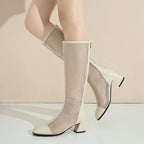 Mesh Knee-High Block Heel Boots