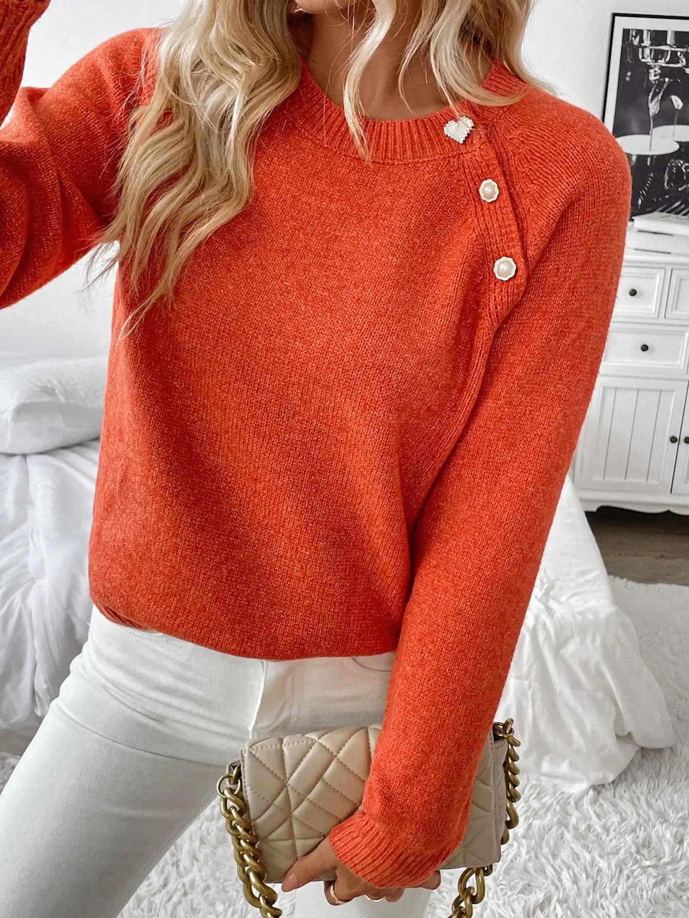 Diagonal Shoulder Button Knit Sweater