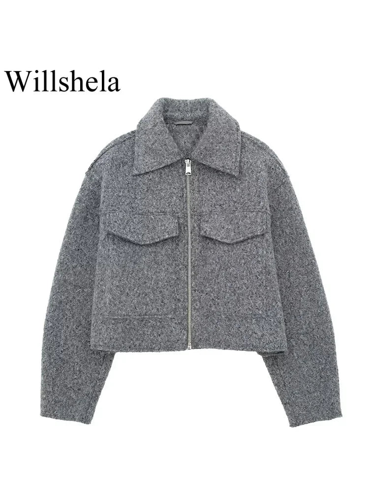 Textured Cropped Zip Jacket with Flap Pockets
