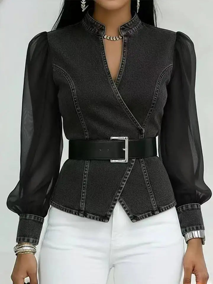 Denim-Look Sheer Sleeve Wrap Blouse