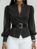 Denim-Look Sheer Sleeve Wrap Blouse