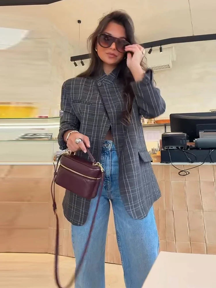 Plaid Stand Collar Blazer